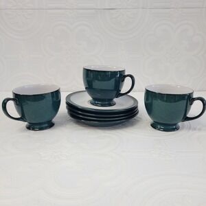 Denby Greenwich Cup and Saucer Sets England‎ Green Rim Edge Set Of 3 + 1 Saucer